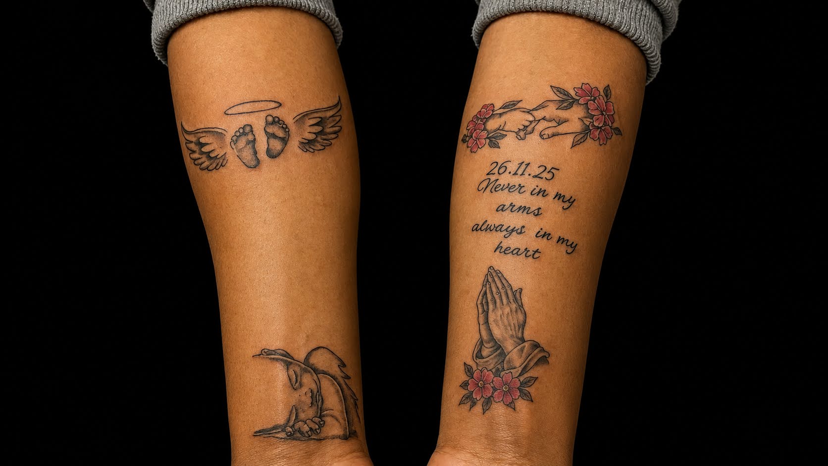 Memorial hands and flowers tattoo by Jay at Inking Tattoos
